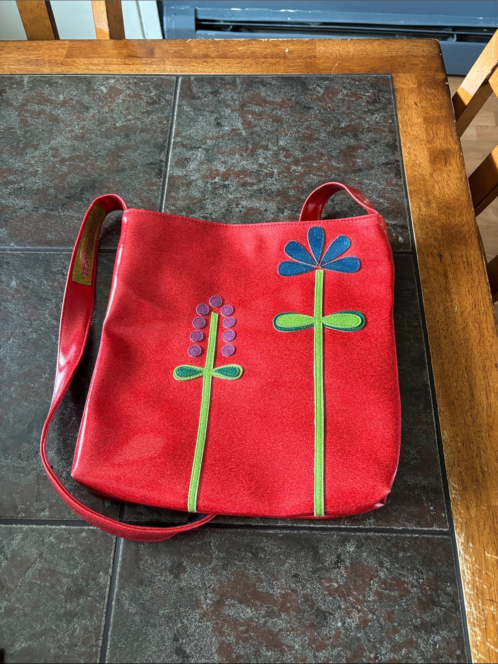 Red Floral Appliqué Crossbody Shoulder Bag
